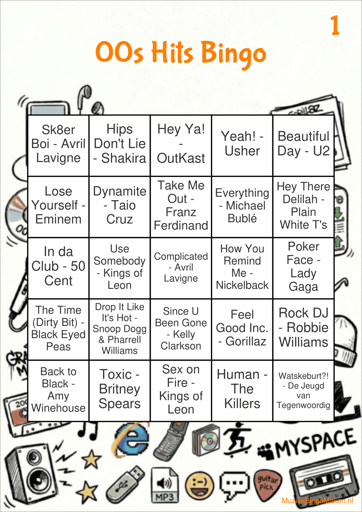 00s Hits muziekbingo kaart voorbeeld